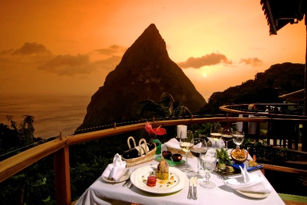 Caribbean; St.Lucia, Ladera Resort, Dasheene RESTAURANT: sunset dining & Piton
